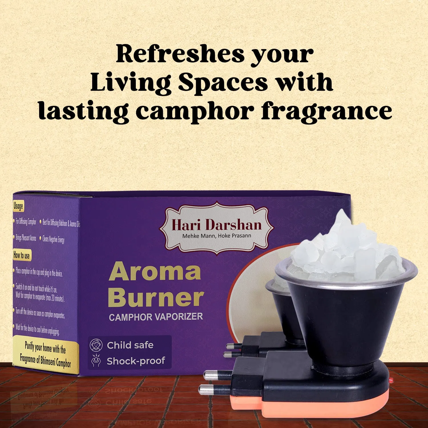 Hari Darshan Aroma Burner Camphor vaporizador elétrico 50 g Bhimseni
