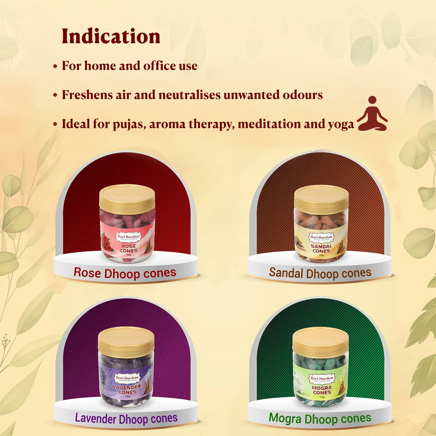 Hari Darshan cones dhoop 4x125g rosa mogra sândalo lavanda