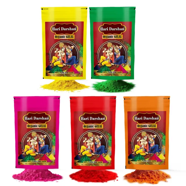 Hari Darshan Organic Gulal pó de Holi 5 cores natural 5×100 g