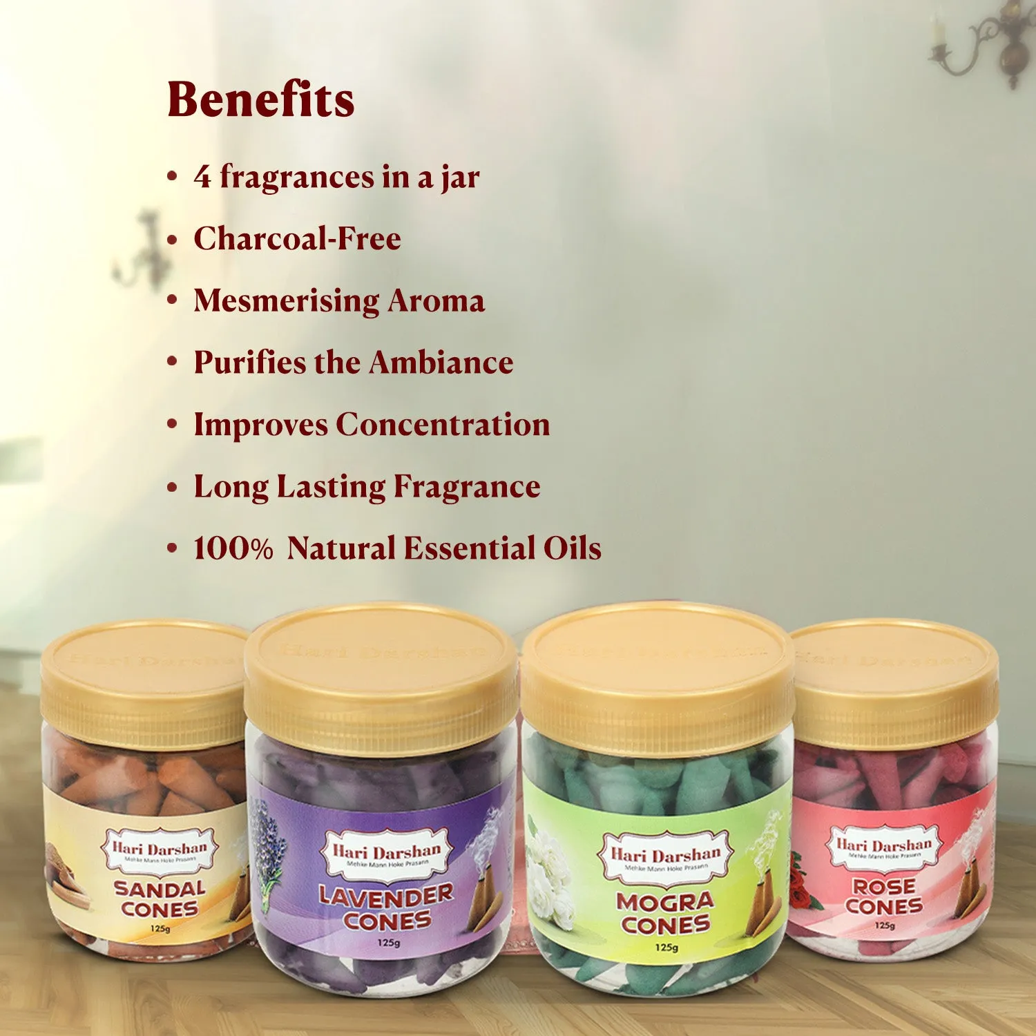 Hari Darshan cones dhoop 4x125g rosa mogra sândalo lavanda