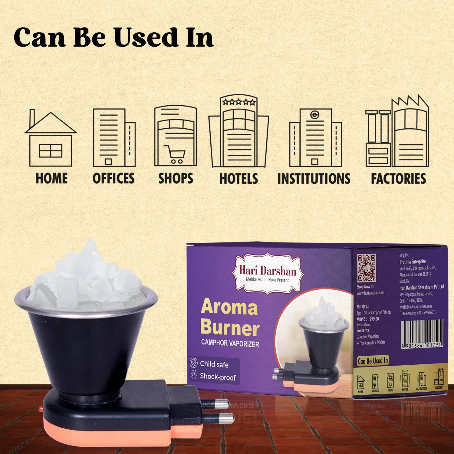 Hari Darshan Aroma Burner Camphor vaporizador elétrico 50 g Bhimseni