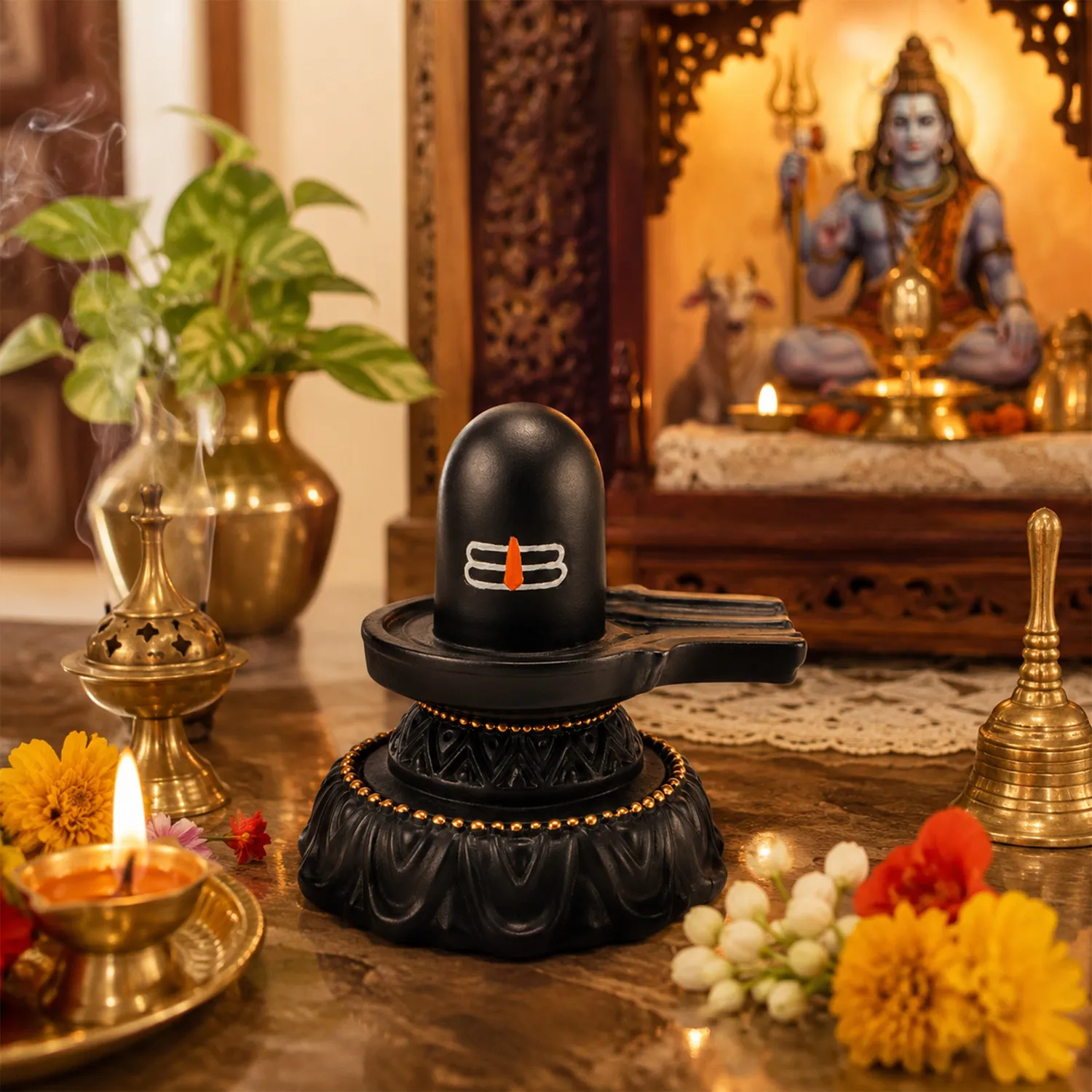 Hari Darshan Black Shivling Shivling preto com tilak 9 cm